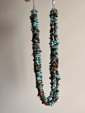 Turquoise and Brown Stone Chip Three Strand Necklace southwestern boho